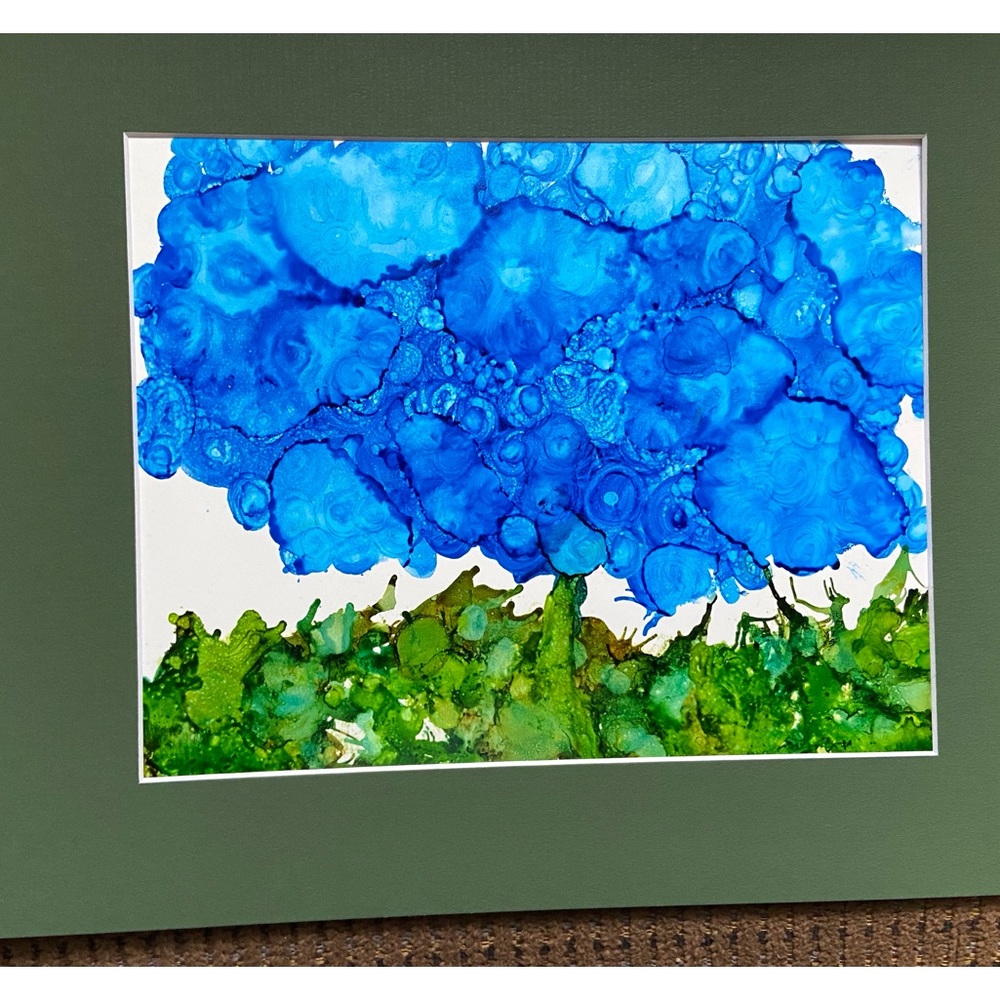 Hand crafted abstract original one of a kind blue botanical alcohol ink painting - Picture 3 of 4